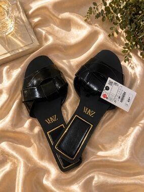 Zara Black Patent Slide Mules with Gold Accent